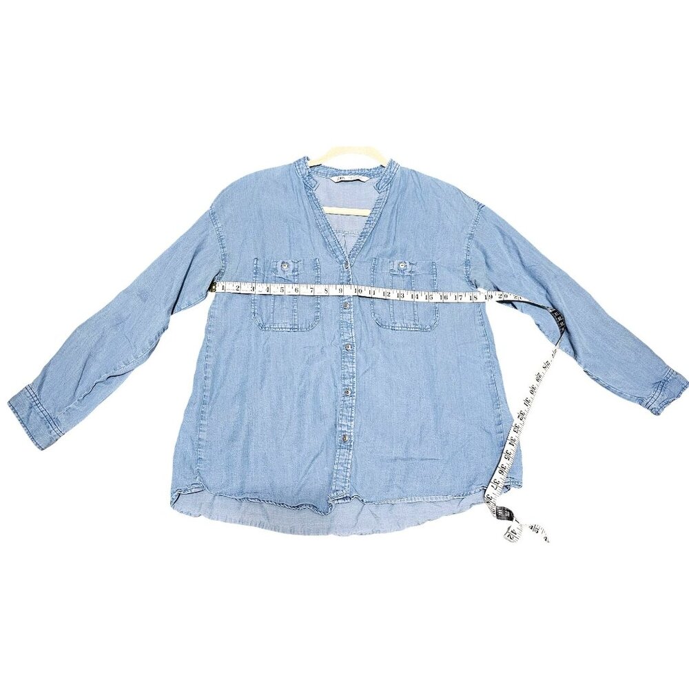 Zara Womens Chambray Button-Front Shirt M Blue Long Sleeve Casual - Picture 8 of 9